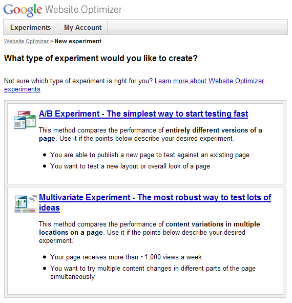 google website optimizer experiment