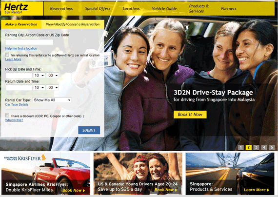 Hertz rent a car website viewed from Singapore