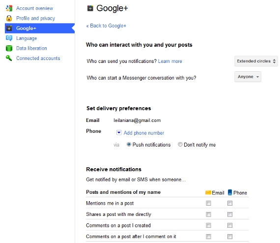 Google Plus Account Settings