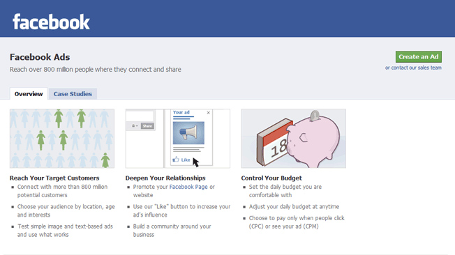 facebook advertising sign up page
