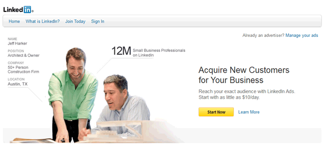 Linkedin Advertising Sign Up Page