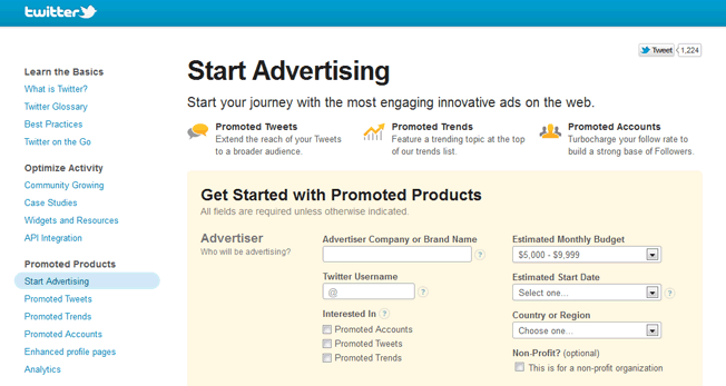 Twitter Advertising Signup Webpage