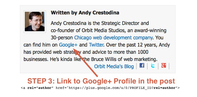 Step Three Link from your content to your Google+ profile