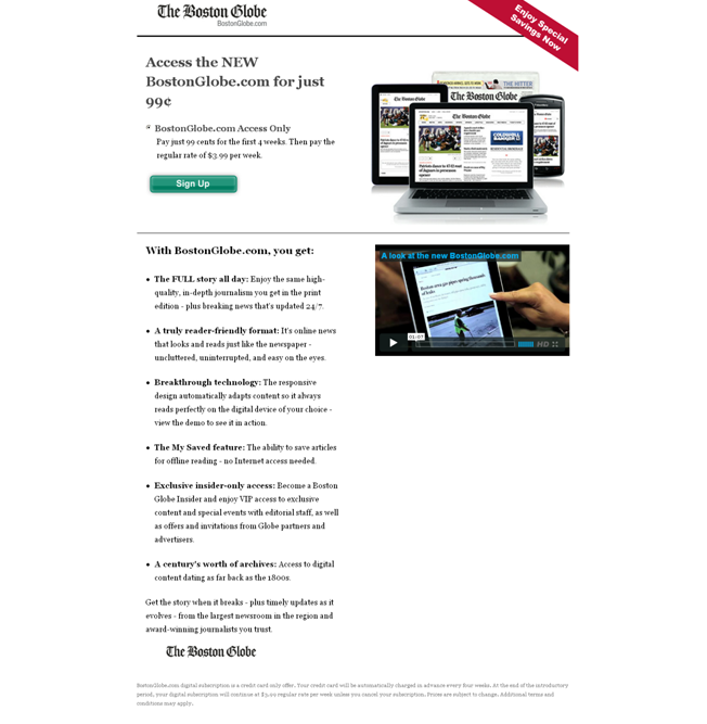 The control signup page for the Boston Globe