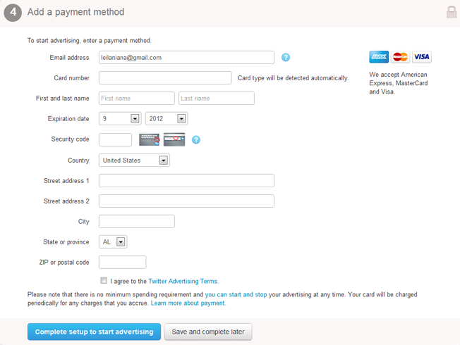 twitter advertising setup payment methods