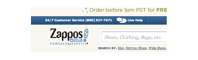 Zappos posts their telephone number and a live help link by the logo: