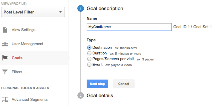 URL Destination Goals - Google Analytics Goals 