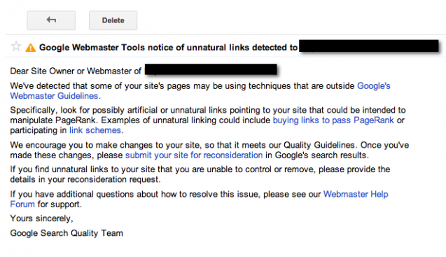 Google Webmaster Tools unnatural links message