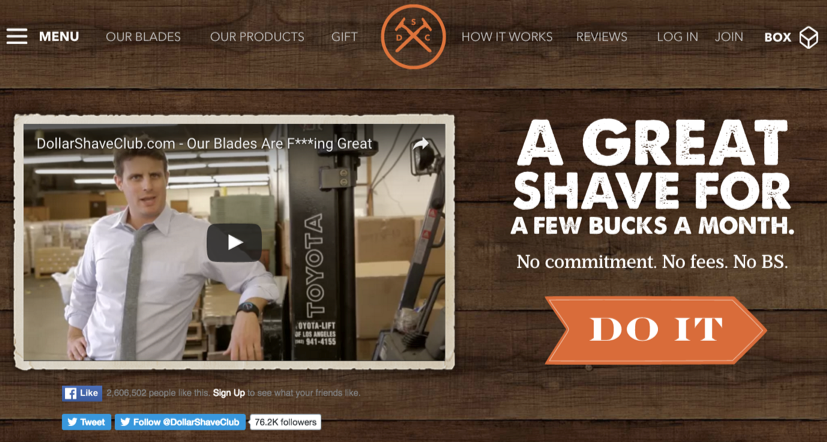dollar shave club homepage with video