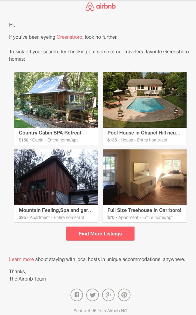 airbnb destinations triggered email