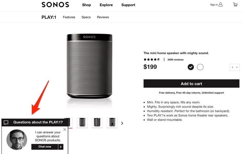 sonos live chat on product page