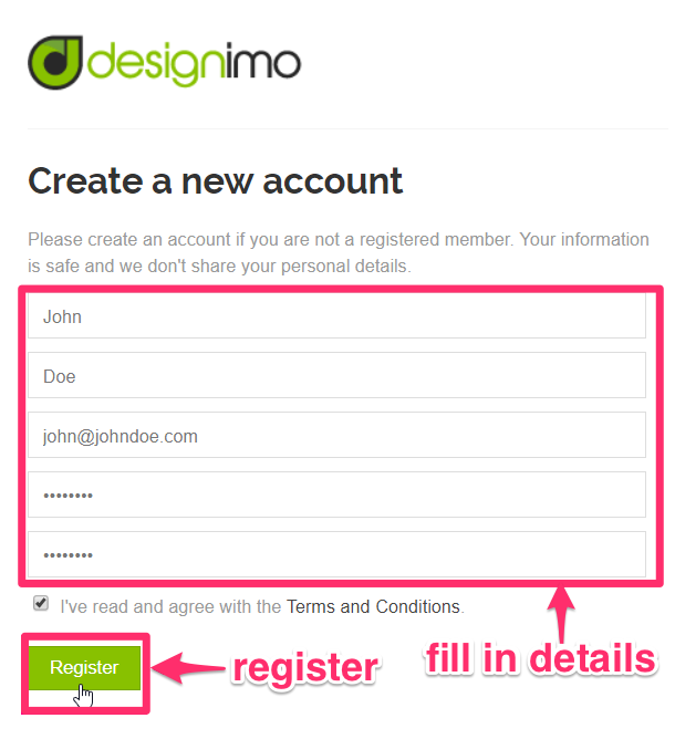 create a new account in designimo