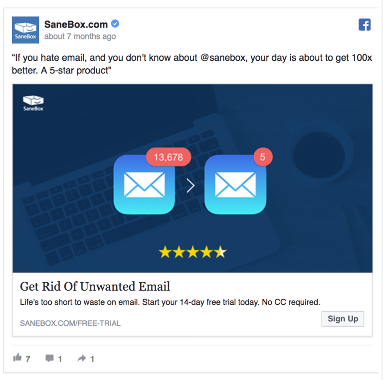 sanebox facebook advertisement