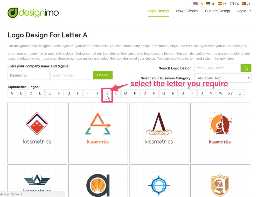 select the letter you require in designimo