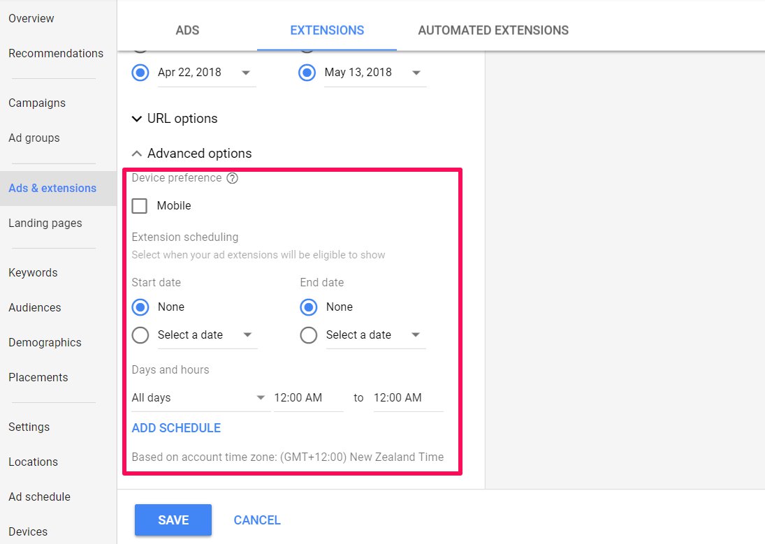 ads extensions advanced options