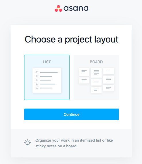 asana project layout choice onboarding steps