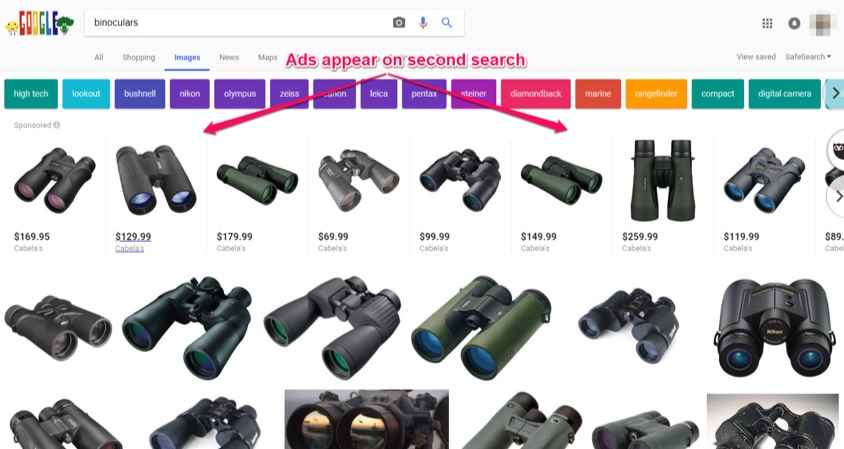 binoculars ads appear on second image search